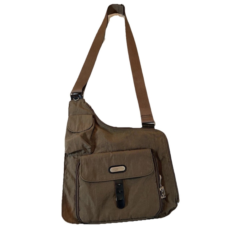 Baggallini Uptown Nylon Crossbody‎ Sling Organizer Bag Travel Brown Khaki Medium